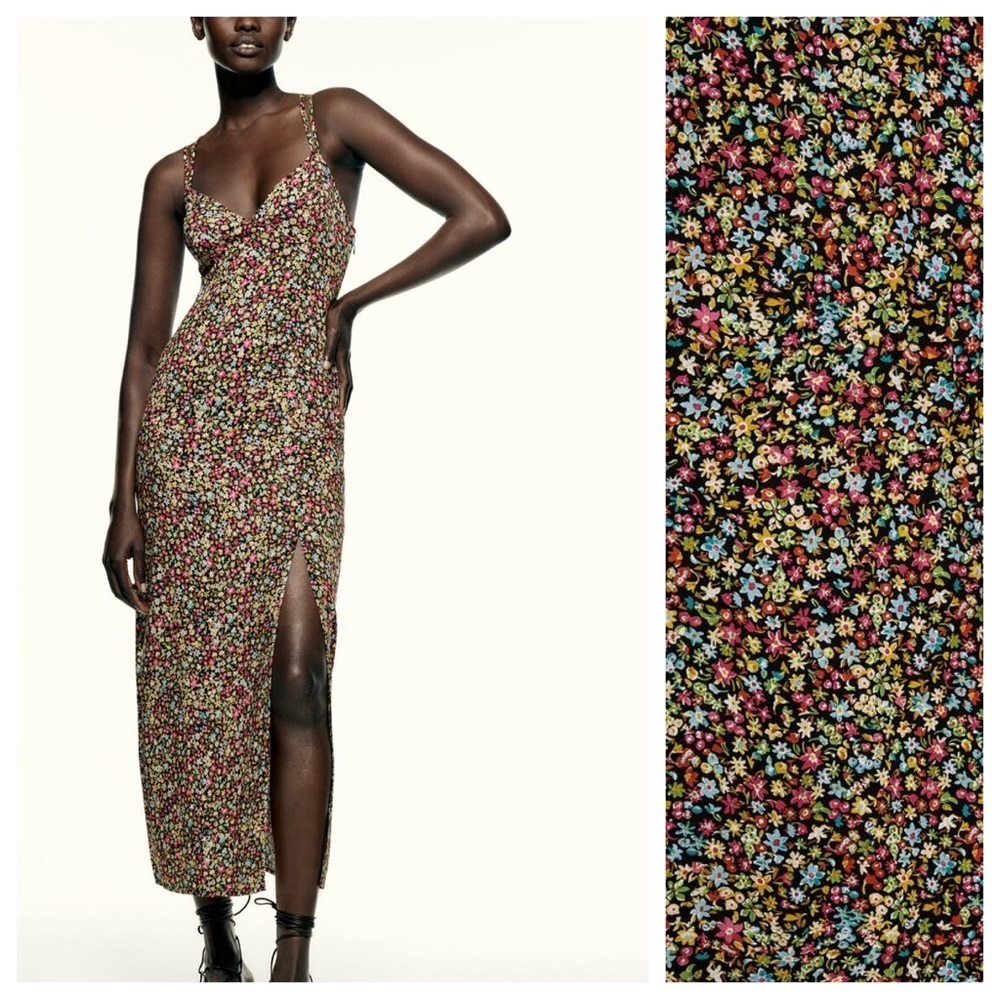 NWT. Zara Small Flowers Print Midi Dress with a V-neckline. Size S. - Picture 4 of 12
